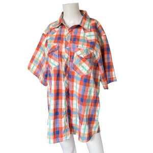 True Religion Orange Plaid Button Up Western Shirt Short Sleeve Adult Size 3XL